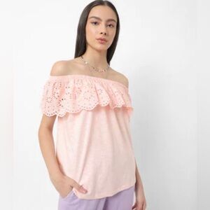 ☀️DNMX Women’s Pink Lace Cotton Top with Off-Shoulder